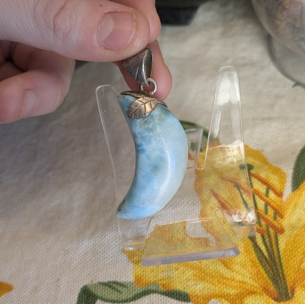 Silver 925 Larimar Crescent Moon Carved Pendant